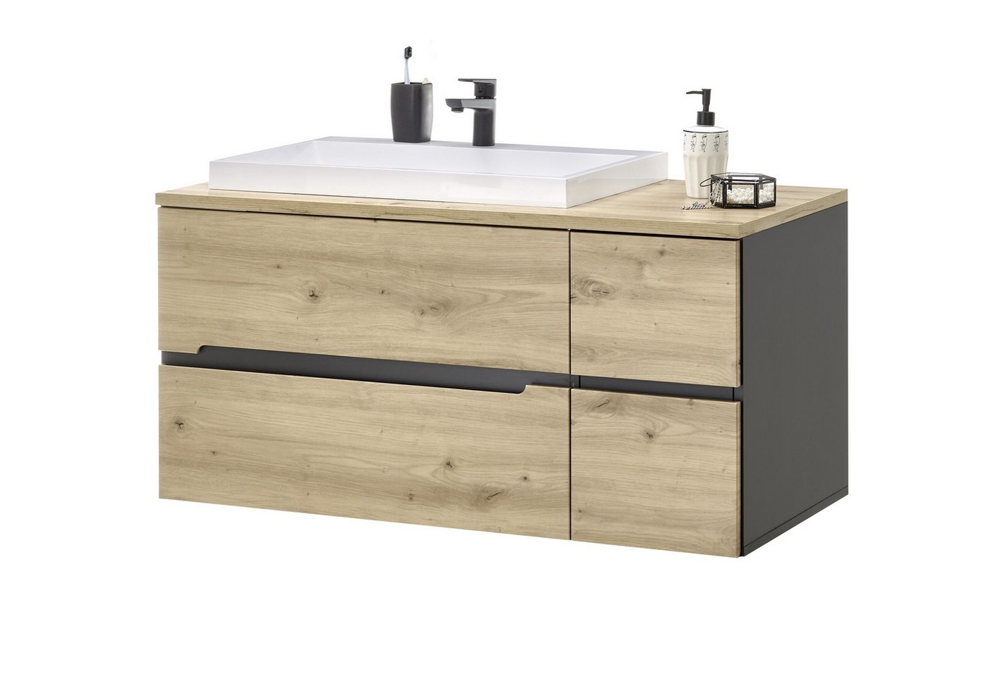 PREISBRECHER Waschbeckenunterschrank Memphis Grau / Artisan Eiche Dekor - 110x54x53cm (BxHxT) von PREISBRECHER