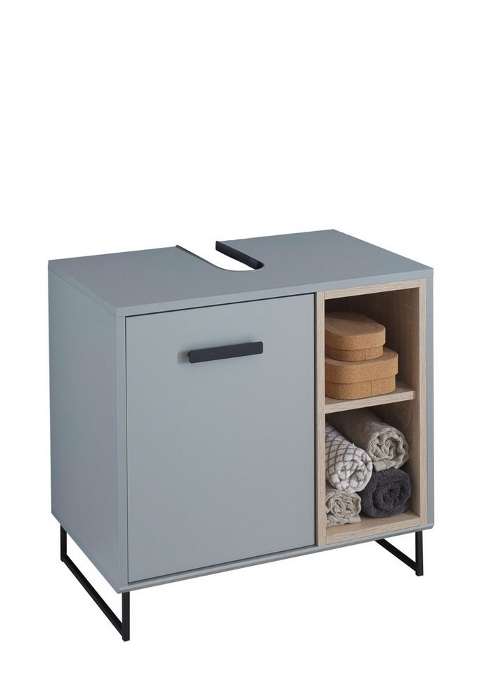 PREISBRECHER Waschbeckenunterschrank Tunis 1 Tür, 2 Fächer, grau matt / sonoma eiche - 65x61x38cm (BxHxT) von PREISBRECHER