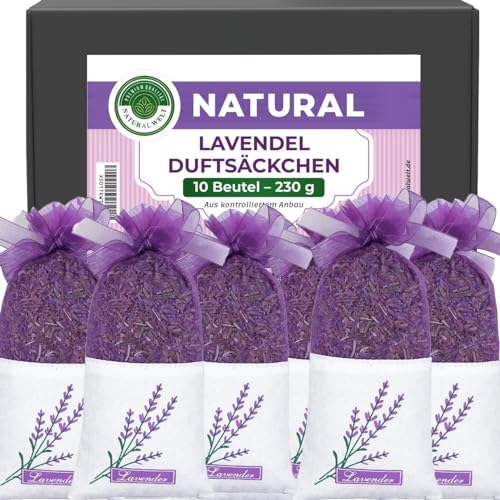 Natural Welt 10 Lavendelsäckchen mit 230 g getrockneten Lavendelblüten I Duftsäckchen für Kleiderschrank: 10x23g voll Lavendelblüten getrocknet Mottenschutz für Kleidung, Auto Duft, Raumduft von PREMIUM QUALITÄT NATURAL WELT