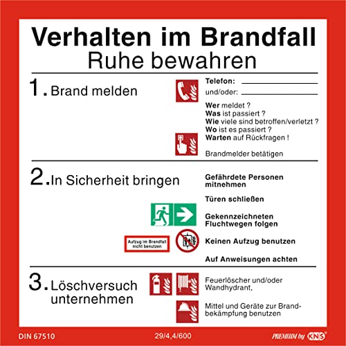 Schild Aushang Verhalten im Brandfall 200x200 mm Schild nach ISO7010 und DIN67510 langnachleuchtend & selbstklebend von PREMIUM by KNS SCHILDER SYSTEME