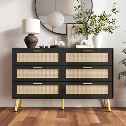 PREMTURE Kommode, Rattan Mehrzweckschrank, Aufbewahrungsschrank, Rattan-Schrank mit 6 Schubladen, Esszimmeranrichte mit goldenen Griffen und Holzbeinen, Holzmaserung + Rattantür, 120 x 34 x 74.5 cm von PREMTURE