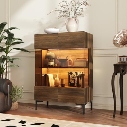 PREMTURE Glasvitrinen mit Pop-up Türen, Vitrine mit 3 Einlegeböden, Vitrinenschrank mit LED Beleuchtung,Buffetschrank für Küchen,Wohnzimmer, Esszimmer Braun, 80 x 38.2 x 115 cm von PREMTURE