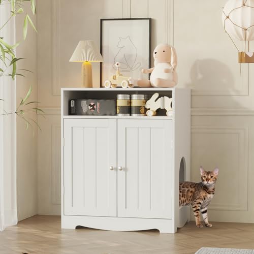 PREMTURE Katzenmöbel mit Türen – Multifunktionales Katzenhaus mit Stauraum – Katzenklo-Schrank, 60 x 43,5 x 73 cm, Weiß – Versteck für Katzentoilette & Ruheplatz im modernen Design von PREMTURE