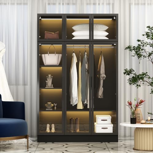 PREMTURE Kleiderschrank mit 6 Türen aus gehärtetem Glas mit 5 Lichtleisten, Kleiderschrank mit Kleiderbügeln und Einlegeböden für Schlafzimmer, Ankleidezimmer Schwarz, 120 x 48 x 190 cm, MDF PREMTURE Kleiderschrank mit 6 Türen aus gehärtetem Glas mit 5 Lichtleisten, Kleiderschrank mit Kleiderbügeln und Einlegeböden für Schlafzimmer, Ankleidezimmer Schwarz, 120 x 48 x 190 cm, MDF von PREMTURE