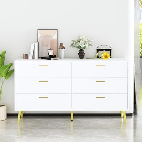 PREMTURE Kommode mit 6 Schubladen Sideboard mit Metallbeine, Schubladenschrank, Komodenschrank für Schlafzimmer,Küche,Wohnzimmer, 137 x 40 x 74 cm, MDF，Weiß von PREMTURE