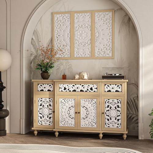 PREMTURE Massivholz Sideboard 150 x 40 x 90 cm, Vintage Anrichte mit geschnitzten Fronten, Flur- & Wohnzimmer Kommode mit Schubladen und Türen, Echtholzrahmen Antik-Design mit Metallgriffen PREMTURE Massivholz Sideboard 150 x 40 x 90 cm, Vintage Anrichte mit geschnitzten Fronten, Flur- & Wohnzimmer Kommode mit Schubladen und Türen, Echtholzrahmen Antik-Design mit Metallgriffen von PREMTURE