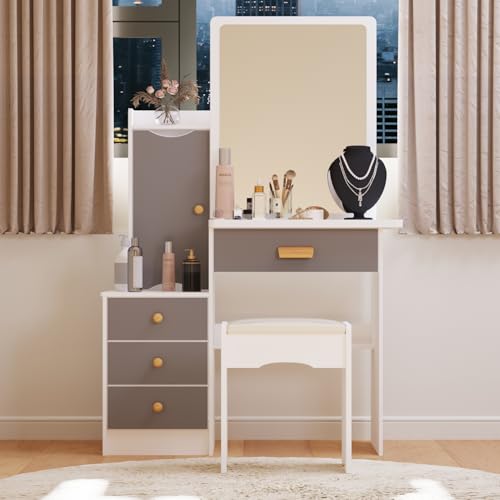 PREMTURE Schminktisch, Kosmetiktisch mit Spiegel und 4 Schubladen, Frisiertisch mit Hocker, Schminktische, Geräuminger Stauraum, modern, MDF, 90 x 40 x 135cm von PREMTURE