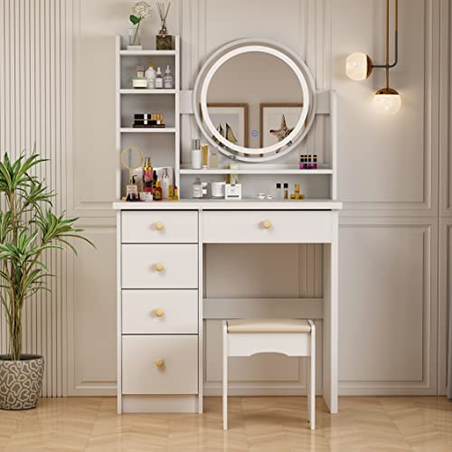 PREMTURE Schminktisch mit LED- Beleuchtung und 5 Schubladen, Frisiertisch mit Spiegel, Kosmetiktisch, Eckschminktisch mit Hocker, Schminktische, weiß, Schlafzimmer 80 B x 40 T x 135H cm PREMTURE Schminktisch mit LED- Beleuchtung und 5 Schubladen, Frisiertisch mit Spiegel, Kosmetiktisch, Eckschminktisch mit Hocker, Schminktische, weiß, Schlafzimmer 80 B x 40 T x 135H cm von PREMTURE