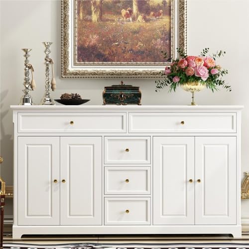 PREMTURE Sideboard mit viel Stauraum, Kommode mit 5 Schubladen, Buffetschrank, Anrichte mit 4 Türen, Kommodeschrnak, Weiß, für Esszimmer, Wohnzimmer, 150 x 40 x 85 cm, Verdickte MDF-Platte von PREMTURE