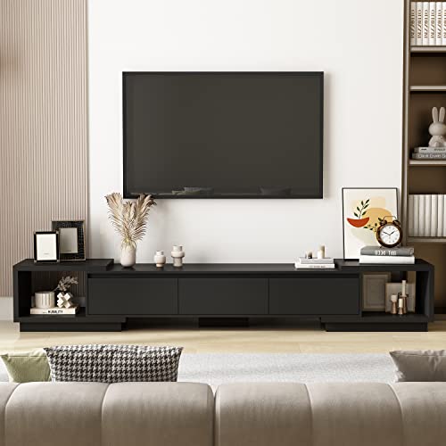 PREMTURE TV-Schrank, Lowboard für Fernsehgeräte Aller Größen, TV-Ständer, 270 cm lang, Fernsehtisch mit 3 Schubladen, 2 offenen Fächern, 270 x 40 x 39 cm, Wohnzimmer, schwarz, MDF von PREMTURE