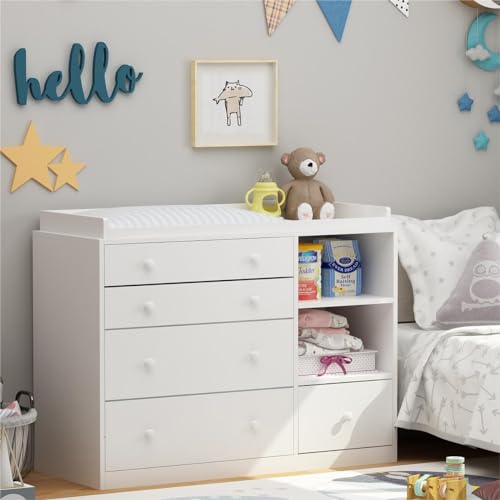 PREMTURE Wickelkommode Wickelregal mit 5 Schubladen, Babykommode mit 2 offene Stauräume, Babymöbel Wickeltisch für Babyzimmer, Schlafzimmer weiß 120 * 50 * 91.5cm von PREMTURE