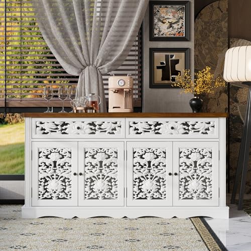 Rokoko Sideboard Kommode, Anrichte mit 2 Schubladen & 3 Türen, Weiß mit Holzfarbener Platte, HDF MDF, Lochmuster-Türen, Verstellbare Einlegeböden, Wohnzimmer Kommode, Flurschrank, Esszimmer von PREMTURE