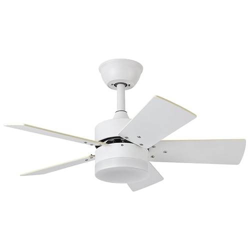 PRENDELUZ Weißer Ventilator mit 5 umkehrbaren Flügeln weiß/Buche und 6 Geschwindigkeitsstufen, mit Fernbedienung und Timer, 36 W Ventilator, einstellbare Temperatur von PRENDELUZ