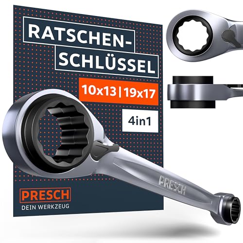 PRESCH 4 in 1 Ratschenschlüssel 10 13 17 19 mm - Umschaltbare Ratschenfunktion - Mit 90 Zähnen & 4° Rückholwinkel - 4 Größen in einem Ratschenringschlüssel - Extrem robuster Ringratschenschlüssel PRESCH 4 in 1 Ratschenschlüssel 10 13 17 19 mm - Umschaltbare Ratschenfunktion - Mit 90 Zähnen & 4° Rückholwinkel - 4 Größen in einem Ratschenringschlüssel - Extrem robuster Ringratschenschlüssel von PRESCH
