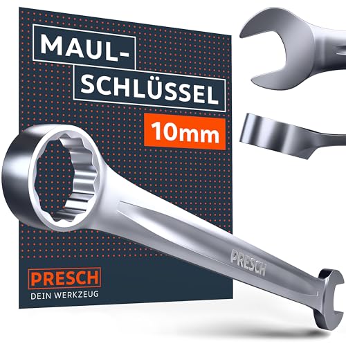 PRESCH Maulschlüssel 10mm - Präzisionsgefräster & extrem robuster Schraubenschlüssel - Ringschlüssel 15° abgewinkelt für Arbeiten an beengten Stellen - Hochwertiger Ringmaulschlüssel von PRESCH