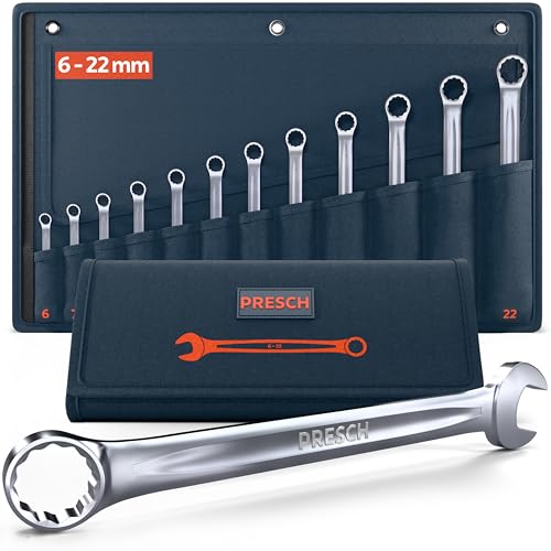 PRESCH Maulschlüssel Set 12tlg. inkl. Tasche (6-22mm) - Präzisionsgefrästes & extrem robustes Ringmaulschlüssel Set - 15° abgewinkelt für Arbeiten an beengten Stellen - Hochwertige Schraubenschlüssel von PRESCH