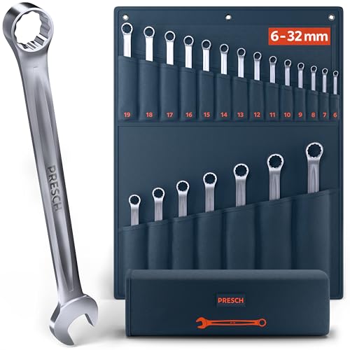 PRESCH Maulschlüssel Set 21tlg. inkl. Tasche (6-32mm) - Präzisionsgefrästes & extrem robustes Ringmaulschlüssel Set - 15° abgewinkelt für Arbeiten an beengten Stellen - Hochwertige Schraubenschlüssel von PRESCH
