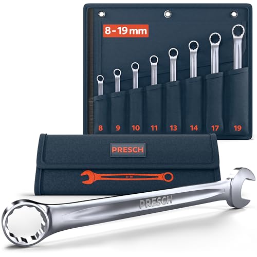 PRESCH Maulschlüssel Set 8tlg. inkl. Tasche (8-19mm) - Passgenaues Schraubenschlüssel Set - 15° abgewinkelt für Arbeiten an beengten Stellen - Robuster, präzisionsgefertigter Ring Maulschlüsselsatz von PRESCH