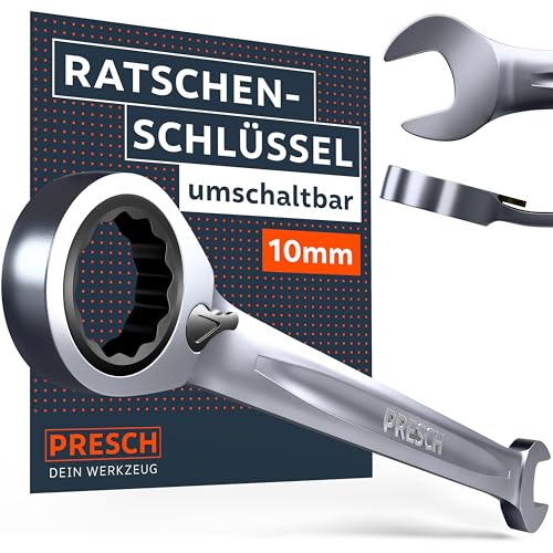 PRESCH Ratschenschlüssel 10mm umschaltbar - Minimaler Rückholwinkel (4°, 90 Zähne) - 15° abgewinkelt für beengte Stellen - Präzisionsgefräster, robuster Ringratschenschlüssel von PRESCH