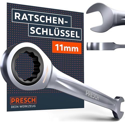 PRESCH Ratschenschlüssel 11mm - Minimaler Rückholwinkel (4°, 90 Zähne) - 15° abgewinkelt für beengte Stellen - Präzisionsgefräster, robuster Ringratschenschlüssel von PRESCH