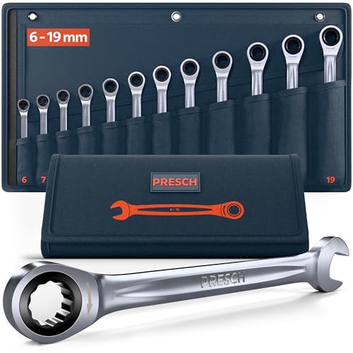 PRESCH Ratschenschlüssel Set 12tlg. (6-19mm) inkl. Tasche - Minimaler Rückholwinkel (Bis zu 4°, 90 Zähne) - Robuste, präzisionsgefertigte Ringratschenschlüssel von PRESCH