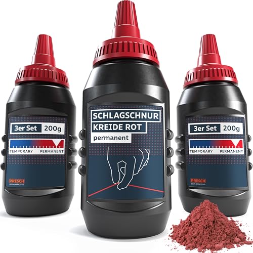 PRESCH Schlagschnurkreide Rot - 3x Kreidepulver à 200g - Klare, sichtbare Linien dank intensivem rot - Perfekt für den Einsatz im Outdoor Bereich dank Wetterfester Kreidefarbe - Schlagschnur Pulver von PRESCH