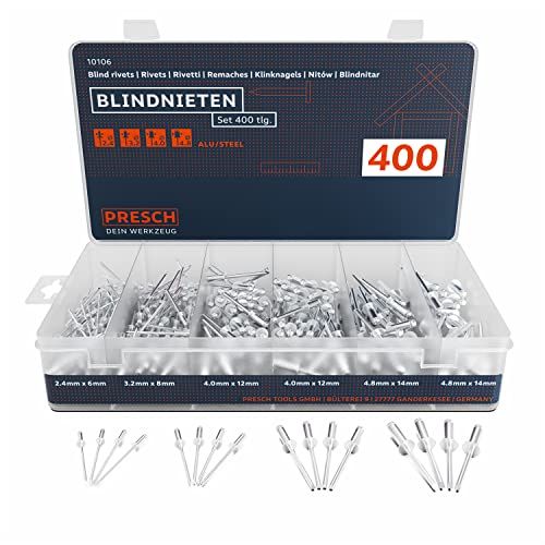 Presch Blindnieten Set 400tlg. - Komplettes Alu/Stahl Nieten Sortiment in den Größen 2,4mm, 3,2mm, 4,0mm und 4,8mm - Hochwertiges Blindnieten Sortiment von PRESCH