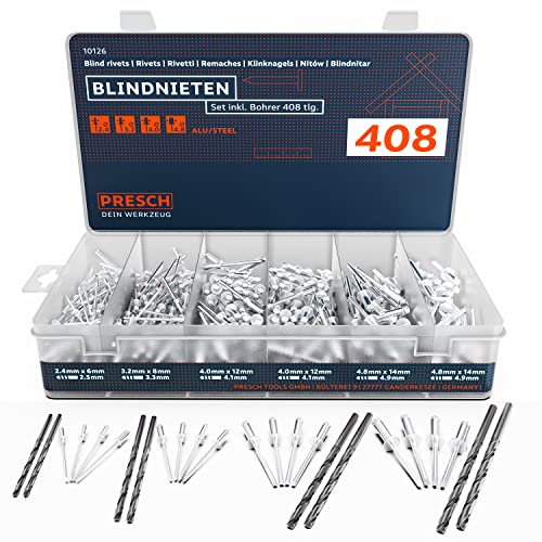 Presch Blindnieten Set 408tlg. inkl. 8 HSS Bohrern - 400 Alu/Stahl Nieten Sortiment 2,4mm, 3,2mm, 4,0mm und 4,8mm und 8 passende HSS Bohrer 2,5mm, 3,3mm, 4,1mm, 4,9mm von PRESCH