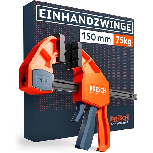 Presch Einhandzwinge 150mm – Schnellspannzwinge mit 75kg Spannkraft für sofortiges Fixieren – Extrem stabile Zwinge dank Carbonstahl & glasfaserverstärktem Gehäuse – Spannzwinge mit Spreizfunktion von PRESCH