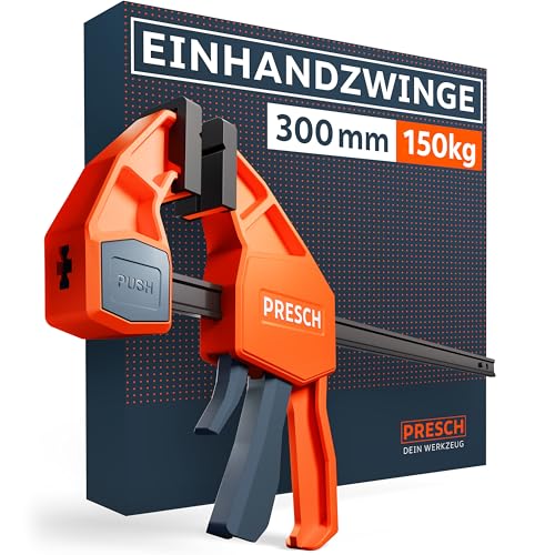 Presch Einhandzwinge 300mm – Schnellspannzwinge mit 150kg Spannkraft für sofortiges Fixieren – Extrem stabile Zwinge dank Carbonstahl & glasfaserverstärktem Gehäuse – Spannzwinge mit Spreizfunktion von PRESCH