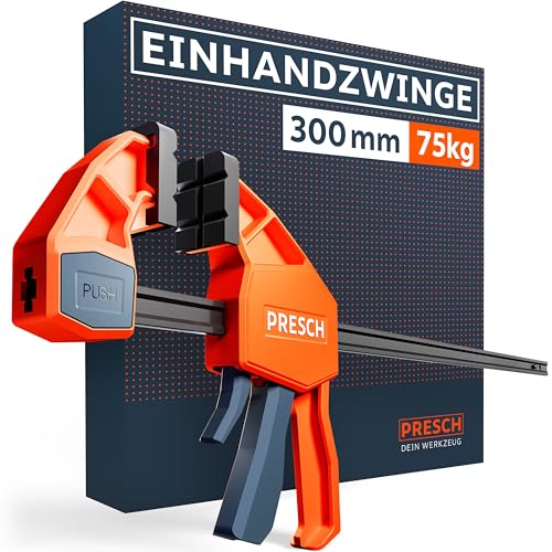 Presch Einhandzwinge 300mm – Schnellspannzwinge mit 75kg Spannkraft für sofortiges Fixieren – Extrem stabile Zwinge dank Carbonstahl & glasfaserverstärktem Gehäuse – Spannzwinge mit Spreizfunktion von PRESCH