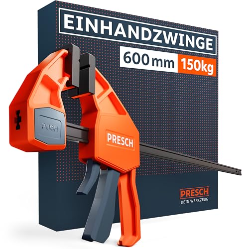 Presch Einhandzwinge 600mm – Schnellspannzwinge mit 150kg Spannkraft für sofortiges Fixieren – Extrem stabile Zwinge dank Carbonstahl & glasfaserverstärktem Gehäuse – Spannzwinge mit Spreizfunktion von PRESCH