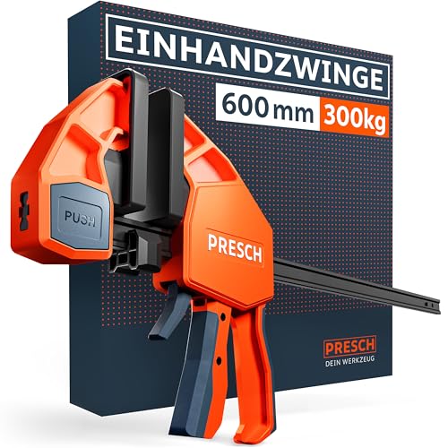 Presch Einhandzwinge 600mm – Schnellspannzwinge mit 300kg Spannkraft für sofortiges Fixieren – Extrem stabile Zwinge dank Carbonstahl & glasfaserverstärktem Gehäuse – Spannzwinge mit Spreizfunktion von PRESCH