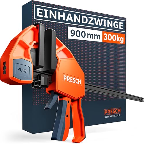 Presch Einhandzwinge 900mm – Schnellspannzwinge mit 300kg Spannkraft für sofortiges Fixieren – Extrem stabile Zwinge dank Carbonstahl & glasfaserverstärktem Gehäuse – Spannzwinge mit Spreizfunktion von PRESCH