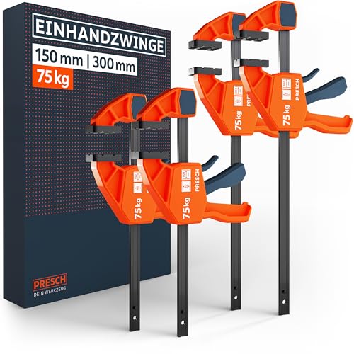 Presch Einhandzwingen 150mm & 300mm 4 Stk. – Zwingen Set mit 75kg Spannkraft für sofortiges Fixieren – Robuste Schnellspannzwingen dank Carbonstahl & glasfaserverstärktem Gehäuse – Mit Spreizfunktion von PRESCH
