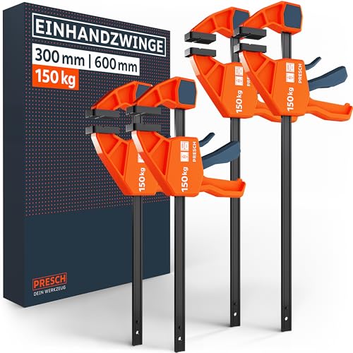 Presch Einhandzwingen 300mm & 600mm 4 Stk. – Zwingen Set mit 150kg Spannkraft für schnelles Fixieren – Robuste Schnellspannzwingen dank Carbonstahl & glasfaserverstärktem Gehäuse – Mit Spreizfunktion von PRESCH