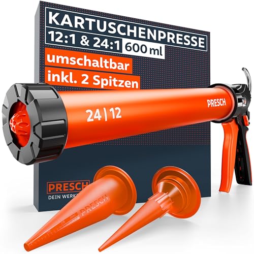 Presch Kartuschenpresse 600ml inkl. 2 Aufsätzen - Umschaltbare Beutelpresse 24:1 & 12:1 Übersetzung für alle Dicht- & Klebstoffe - Kartuschenpistole geschlossen 360° drehbar & rutschfester Griff von PRESCH