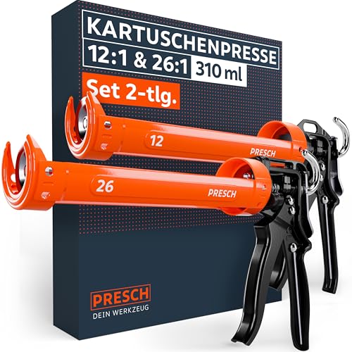 Presch Kartuschenpressen Set 26:1 & 12:1 inkl. Nachlaufstopp - Silikonspritzen für Kartuschen bis 310ml (Acryl, Silikon bis Montagekleber) - Kartuschenpistolen 360° drehbar inkl. Einstechwerkzeug von PRESCH