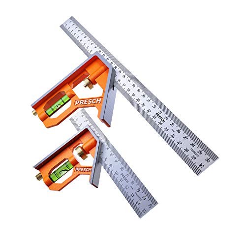 Presch Kombinationswinkel Set 150mm & 300mm - metrisch - Zwei Präzise Universal Kombiwinkel mit Linealanschlag - Anschlagwinkel Set - Edelstahl, Combination Square - Hochwertiges Profi Messwerkzeug von PRESCH