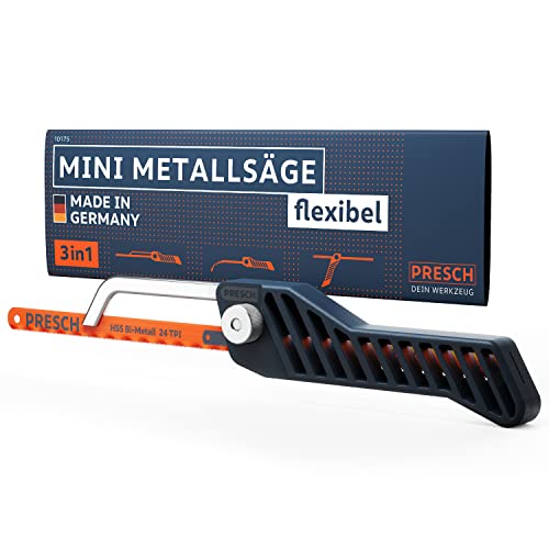 Presch Mini Metallsäge Flexibel 300mm - 3in1 Bügelsäge inkl. Metallsägeblatt - Verstellbarer Sägehandgriff mit Sägeblatt für Metall - Kleine Eisensäge - Junior Hacksaw von PRESCH