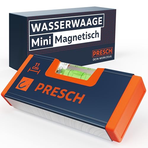 Presch Mini Wasserwaage 11cm - Verstärkter Magnet für maximale Haftkraft - Kompaktes Design - Innovativer Aufprallschutz & bruchfeste Acrylglaslibelle - Exakt Ausrichten dank extremer Genauigkeit von PRESCH