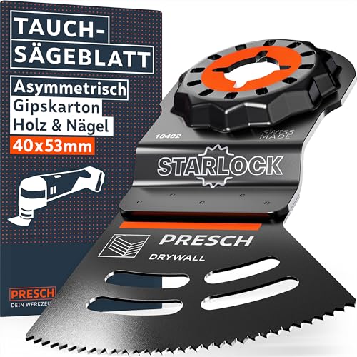Presch Starlock Sägeblatt Gipskarton, Holz & Nägel 40x32mm - Multitool Sägeblatt für werkzeuglosen Wechsel - Saubere, exakte Schnitte dank asymmetrischem Dual-Tec Design - Präzises Tauchsägeblatt von PRESCH