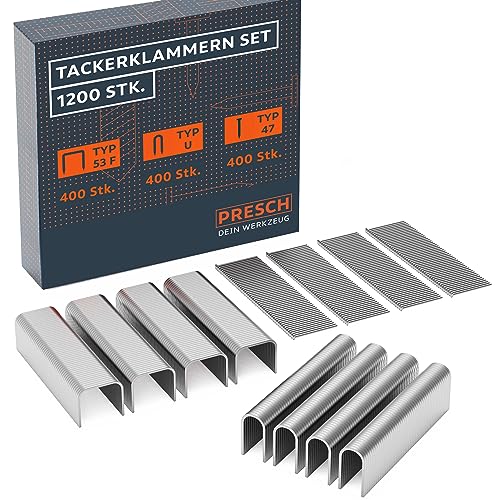 Presch Tackerklammern Set 1200 Stk. - Handtackerklammern inkl. Klammern Typ 53F, U-Klammern und Nägeln - Flachdrahtklammern für Handtacker von PRESCH