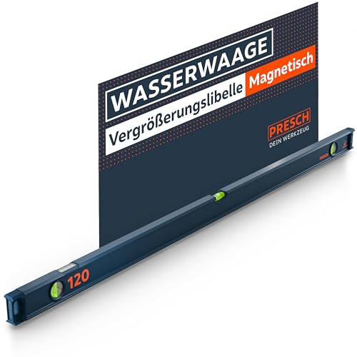 Presch Wasserwaage magnetisch 120cm - Bruchfeste Weitwinkellibelle inkl. 2% Gefälle-Anzeige - Vertical-View-Funktion dank Sichtfenster - Innovative Anti-Rutsch‑Endkappen & präzise Messfläche von PRESCH