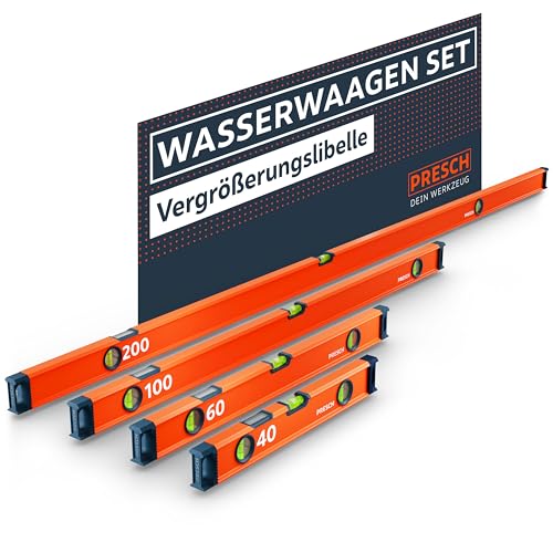 Presch Wasserwaagen Set 4tlg. - 40cm, 60cm, 100cm & 200cm - Bruchfeste Weitwinkellibelle inkl. 2% Gefälle-Anzeige - Vertical-View-Funktion dank Sichtfenster - Innovative Rutsch‑Stopp‑Endkappen Presch Wasserwaagen Set 4tlg. - 40cm, 60cm, 100cm & 200cm - Bruchfeste Weitwinkellibelle inkl. 2% Gefälle-Anzeige - Vertical-View-Funktion dank Sichtfenster - Innovative Rutsch‑Stopp‑Endkappen von PRESCH