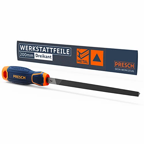 Presch Werkstattfeile Dreikant 200mm mit Kreuzhieb H2 - Spitz zulaufende Dreikantfeile für Metall und Holz zum feilen winkliger Profile - Hochwertige Dreikant-Metallfeile von PRESCH