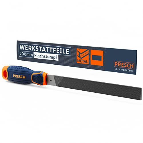 Presch Werkstattfeile Flachstumpf 200mm mit Kreuzhieb H2 - Dreiseitiger Hieb zum feilen rechtwinkliger Werkstücke aus Metall und Holz - Hochwertige Flachfeile von PRESCH