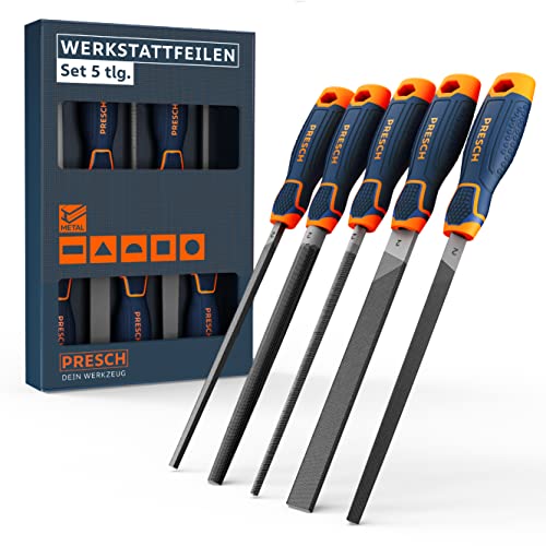 Presch Werkstattfeilen Set 5tlg. - Hochwertiges Metallfeilen Set mit Hieb 2 inkl. Flachstumpffeile, Halbrundfeile, Rundfeile, Dreikantfeile und Vierkantfeile - Profi Feilenset Metall von PRESCH