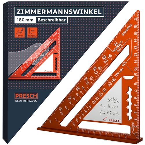 Presch Zimmermannswinkel 180mm - Innovative, abwischbare Notizfläche - Hochpräzise gefrästes Aluminium für dauerhaft exakte 90° Winkel - Sorgfältig verarbeitete, widerstandsfähige Beschichtung von PRESCH