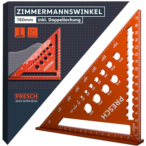 Presch Zimmermannswinkel 180mm - Vielseitige Bohrlehre für exakte Durchmesser - Hochpräzise gefrästes Aluminium für exakte 90° Winkel - Sorgfältig verarbeitete, widerstandsfähige Beschichtung von PRESCH